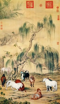 Lang brille huit grands Chevals Art chinois traditionnel Peinture à l'huile